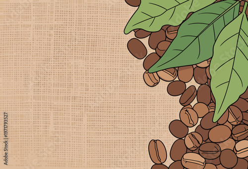 Coffee beans and green leaves on a textured background ready for brewing or cooking