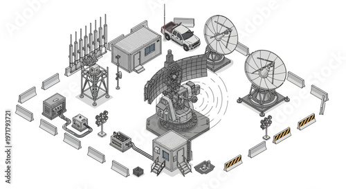 Isometric vector illustration depicting a radar installation with various radar dishes, a guardhouse, weapons, and a pickup truck inside a fenced perimeter, rendered in a neutral gray