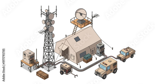 Isometric illustration showing a mobile communication base with vehicles, a tent, antenna tower, generator, and satellite dish against a clean white background, conveying a sense