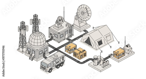 Isometric illustration of a communications network featuring a truck, buildings with satellite dishes, and a tent, connected by cables on a white background, rendered in a clean, technical