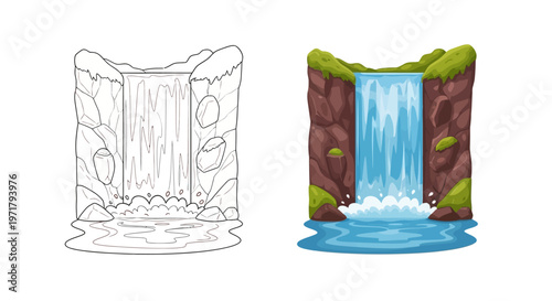 Coloring Page Waterfall and Colored Waterfall Illustration
