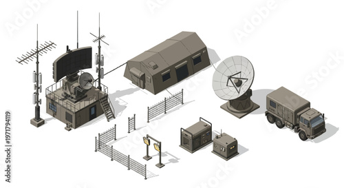 Isometric illustration showcasing a military communications outpost featuring radar, antennas, and support vehicles, all arranged against a clean white background with a functional