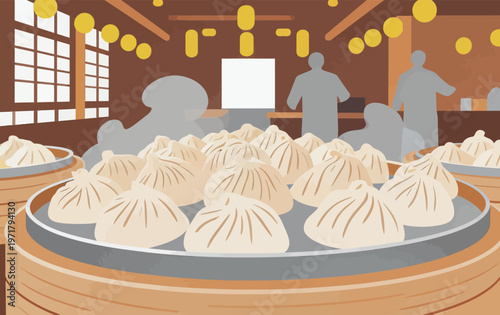 Dumplings are placed on a steaming tray in a lively restaurant setting during a busy mealtime