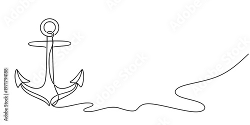 Anchor Line Art, Minimalist continuous-line drawing of an anchor with ring, crossbar, and flukes, extended with a flowing rope-like curve