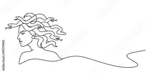 Medusa Line Art, Minimalist continuous-line drawing of Medusa, a mythological figure with snakes for hair, shown in profile with flowing lines forming shoulders and wave-like extensions