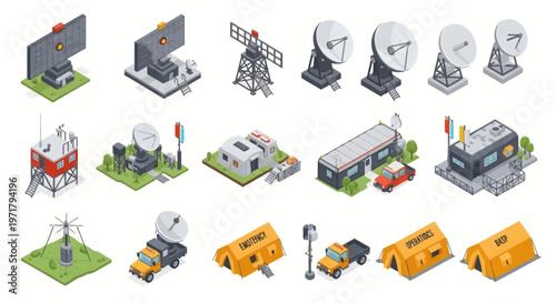 Isometric vector icons showcase various telecommunications equipment and structures, including radar systems, satellite dishes, and communication towers, rendered in a clean, cartoonish