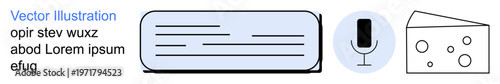 Graphic design, communication tools, audio content creation, food industry, minimalism, creative media. Text box with lines, microphone icon and a cheese slice. Communication tools and food industry