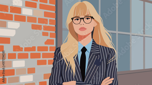 Businesswoman stands confidently in front of a brick wall during daytime in an urban setting, with long blonde hair and glasses