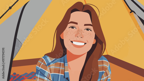 Portrait of a person inside a tent enjoying camping in nature during daytime with bright colors and a warm atmosphere