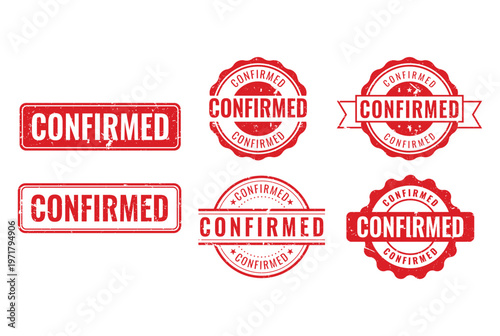 red confirmed label stamp set for verification approved documentation and official quality certification branding identity