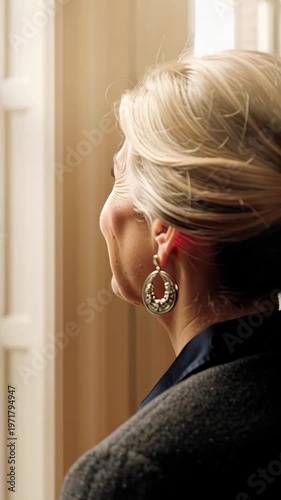 Smiling businesswoman looking outside window.