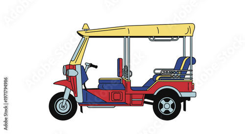 Colorful Tuk Tuk Auto Rickshaw on White Background, Thailand Transportation Icon
