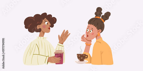 Diverse women talking over coffee, friends meeting in café, cartoon vector illustration