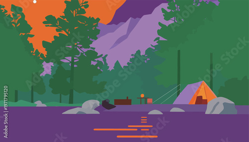 Camping scene by the lake with trees, mountains, and a bright sunset sky after a day of outdoor fun and relaxation