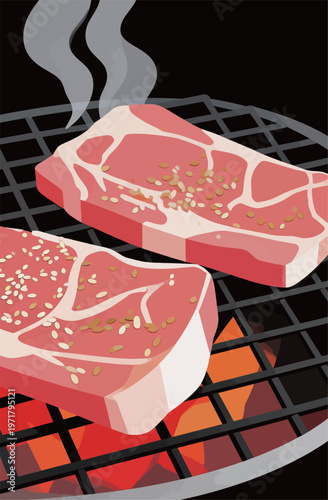 Grilling meat on a barbecue with smoke rising and heat from charcoal during a summer gathering in the backyard