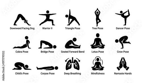 Yoga poses icons: downward dog, warrior ii, tree, cobra, mindfulness