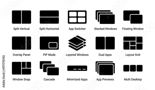 Ui layout icons: split, overlay, cascade, minimized, multi desktop