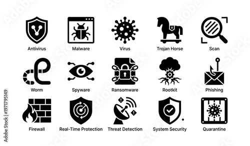 Cybersecurity icons: antivirus, malware, virus detection, trojan protection, phishing prevention