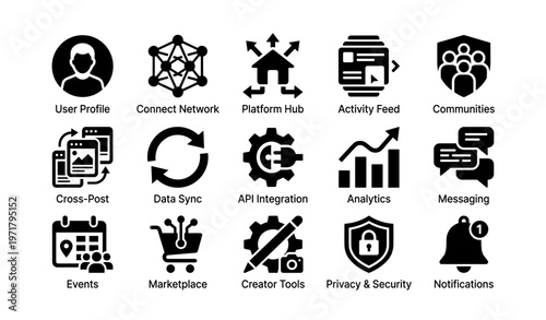Digital interface icons: user profile, network, analytics, security, marketplace