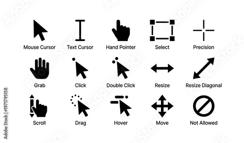 Set of mouse cursor icons for various computer actions