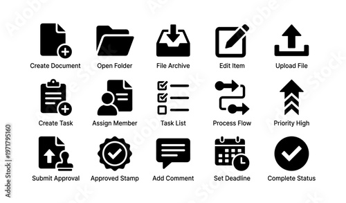 User interface icons: document, folder, upload, task, approval, calendar, priority, status