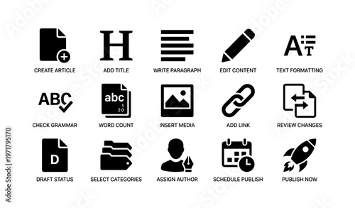 Set of 16 black website content management icons on white background