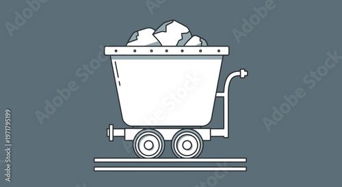 Mining cart filled with coal on tracks, industrial vector illustration