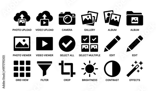 Icon set for photo and video upload, editing tools, and gallery management