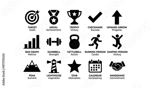 Set of achievement and progress icons featuring fitness and success symbols