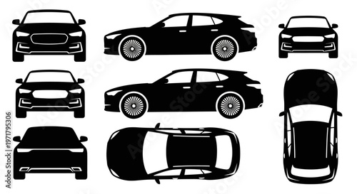Car Silhouette Set: Front, Side, Top Views of Modern Vehicle