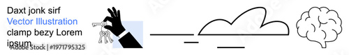 Innovation, problem-solving, technology, knowledge transfer, connection, abstract thinking. A hand holding keys, a brain and a cloud linked by lines. Innovation and problem-solving conceptual design