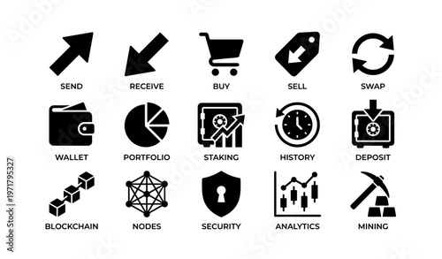 Cryptocurrency finance icons: wallet, portfolio, staking, blockchain, security