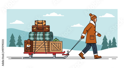 Person pulling a sled full of luggage through a snowy landscape, winter travel concept