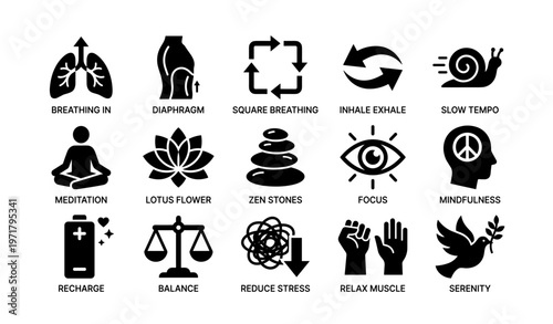 Calmness icons: breathing, meditation, focus, balance, stress relief
