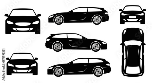 Car Silhouettes Collection: Front, Side, and Top Views