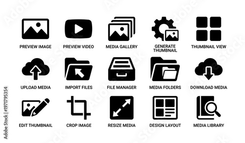 Media icons set: file management and editing tools in black silhouette