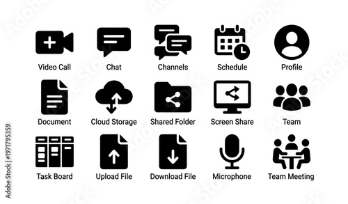 Collection of communication and productivity icons: video call, chat, calendar, document, team