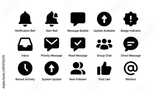Set of 16 notification and messaging icons in black silhouette style