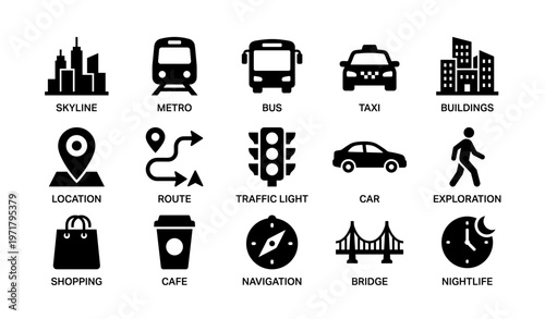 Urban transport and city life icons: skyline, metro, bus, taxi, navigation