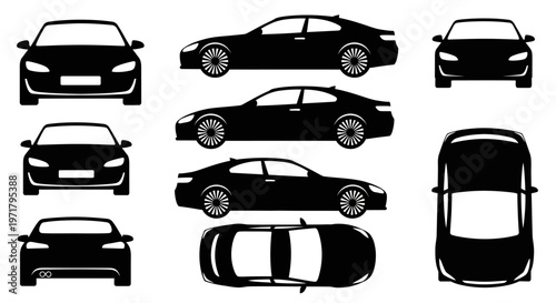 Car Silhouettes Collection: Front, Side, Top Views of Modern Automobiles