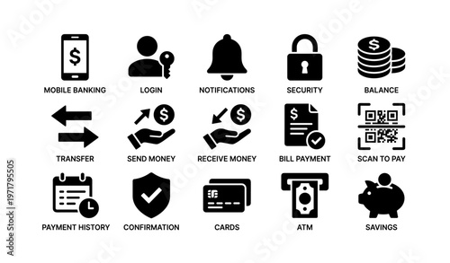 Mobile banking icons: security, transfers, payments, savings, notifications