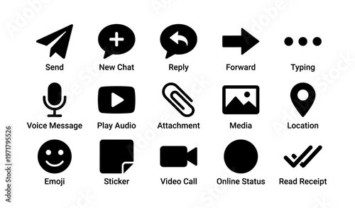 Icon set for messaging apps: send, chat, emoji, video, location, typing