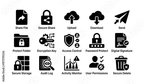 Data security icons: file sharing, encryption, access control, cloud, and more