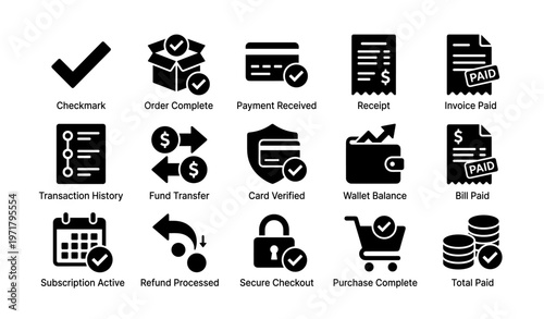 Payment and transaction icons including checkmarks and secure checkout symbols