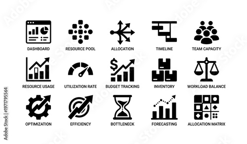 Business management icons: dashboard, resource pool, allocation, timeline, team capacity