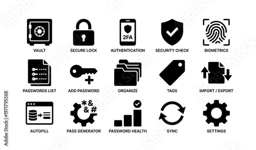 Authentication icons: vault, lock, biometrics, passwords, security check