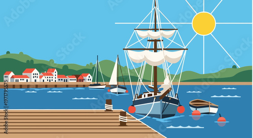 Sailboat harbor with traditional village and sun