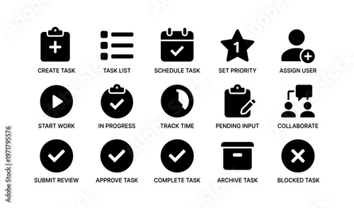 Task management icons: schedule, priority, collaboration, review, approval, completion