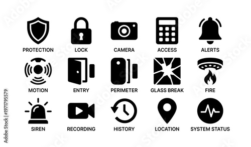 Home security system icons: protection, alerts, access, and monitoring symbols