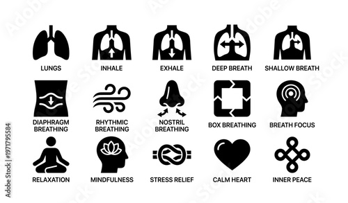 Breathing techniques icons for relaxation and mindfulness practices